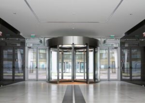 Revolving automatic doors in large commercial space