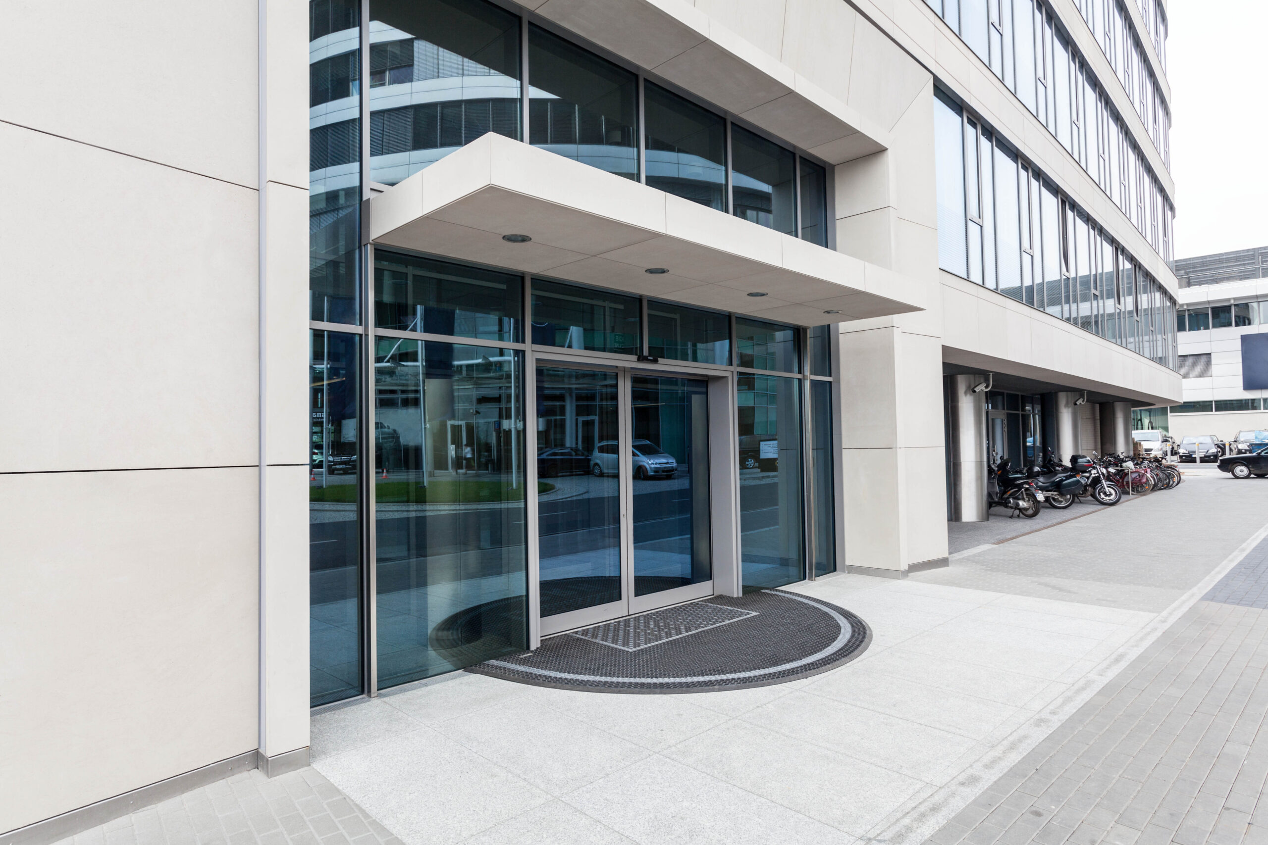Contemporary office building with automatic sliding doors