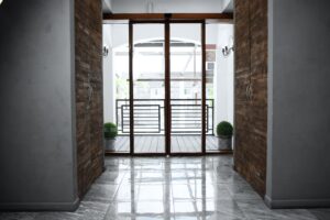 Automatic sliding doors at hotel reception entrance