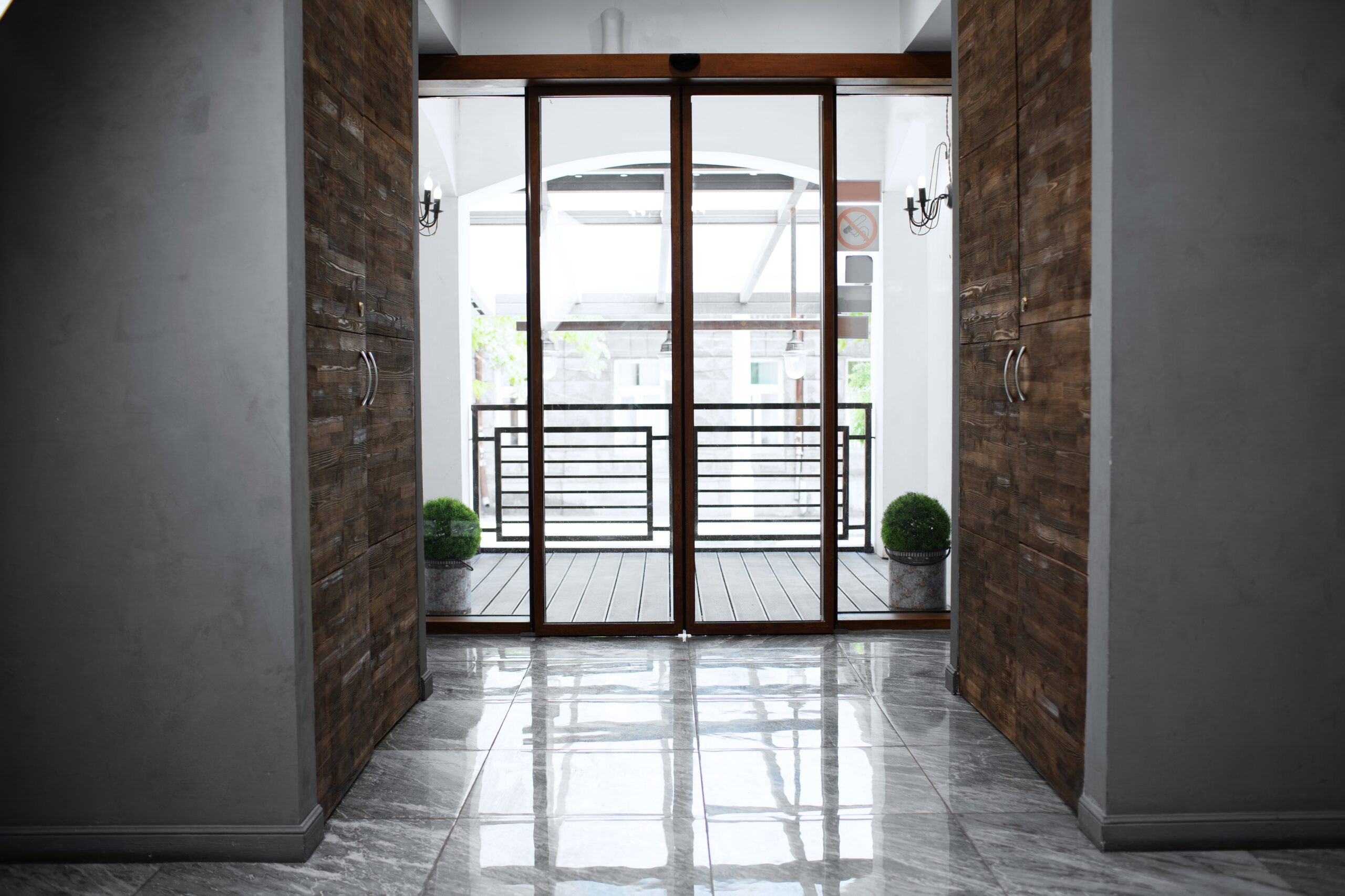 Automatic sliding doors at hotel reception entrance